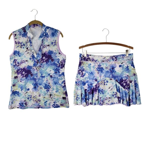 Sofibella Ruffle Polo & Skort Set Womens M Purple Watercolor Golf Tennis Outfit - Picture 1 of 8